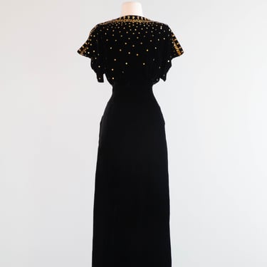 Stunning 1930's OLD HOLLYWOOD Silk Velvet Evening Gown With Gold Studs / Small