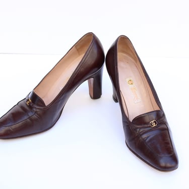 1970s Gucci Loafer High Heels - Vintage 70s Designer Dark Brown Leather Pumps - Size 34.5 US 4.5 