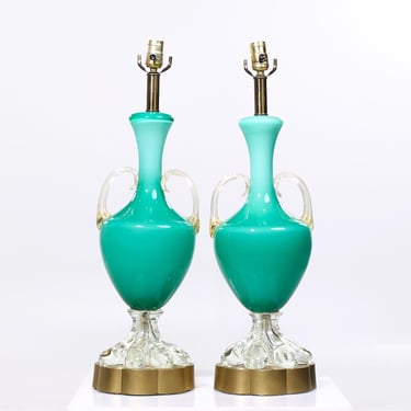 Mid Century Italian Murano Teal Cased-Glass Double-Handled Urn-Form Lamps - Pair - mcm 
