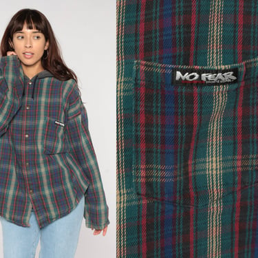 90s No Fear Hoodie Plaid Button Up Shirt Checkered Hooded Jacket 1990s Streetwear Long sleeve Hood Blue Green Red Shirt Extra Large xl 