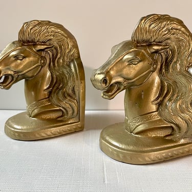 Vintage Mid Century Metalware Horse Head Bookends | Gold Stallion Horse Racing 