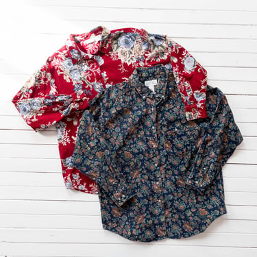 soft corduroy shirt | 90s plus size vintage Americana country chic cottagecore floral red navy cotton oversized button down shirt blouse 