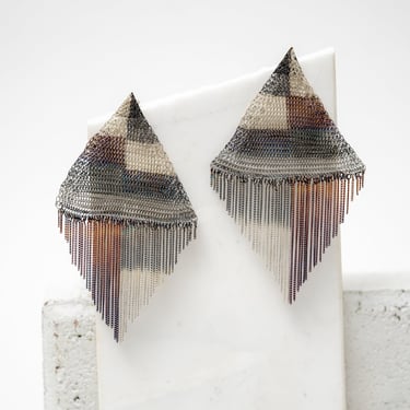 Sterling Silver Plated Brass, Brass and Stainless Steel Checkerboard Fringe Earrings