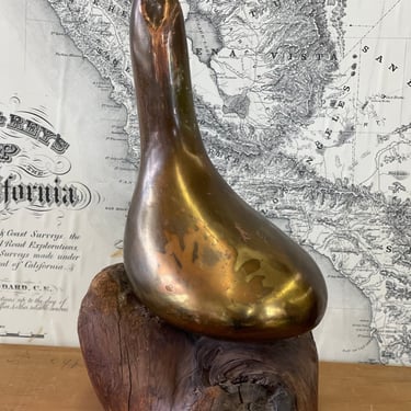 Unique Metal Wooden Bird Sculpture Mid Century Modern duck patina art poultry medium one of a kind shiny vintage rare great condition 