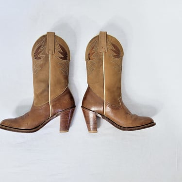 Acme 1970's Brown Leather Inlayed Stacked Heel Western Cowboy Boots I Sz 6 