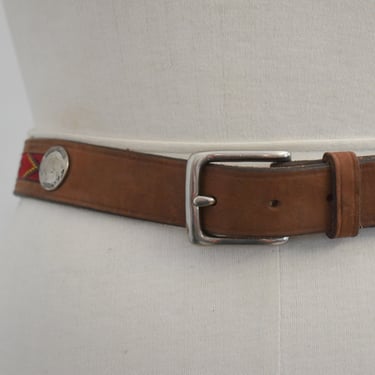 1980s Matte Brown Leather and Red Southwestern Ribbon Belt 