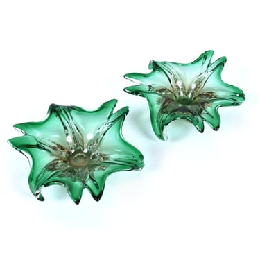 Pair of Green and Pink Amorphic Botanical Floral Murano Glass Dishes 