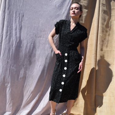 POLKA DOT Vintage 50s Graphic Print Dress Oversized Buttons SZ X Small to Small 
