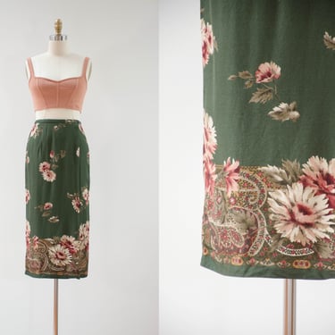 green floral wrap skirt | 90s vintage dark forest green pink daisy floral romantic cottagecore wrap midi skirt 