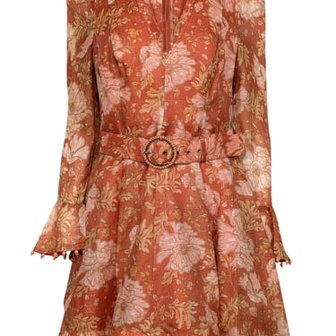 Zimmermann - Amber, Orange, &amp; Peach Floral Print Dress w/ Beaded Trim Sz 8