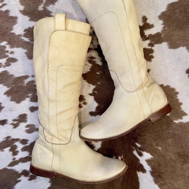 Vintage Tall Ivory Leather Frye Boots size 9 B 