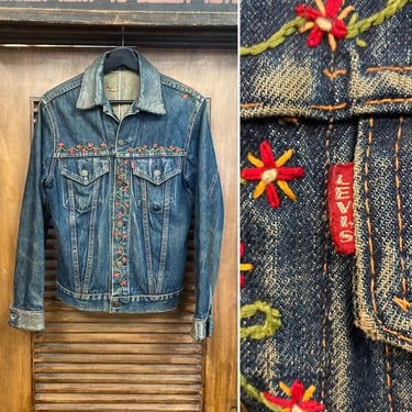 Vintage 1960’s Levi’s Big E Denim Hippie Embroidery x Leather Trucker Jacket, 60’s Boho Jacket, Vintage Clothing 