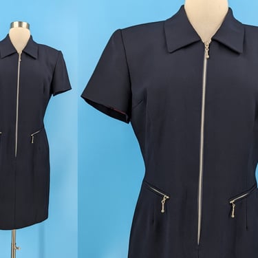 90s Paniz New York Short Sleeve Zip Front Collared Sheath Dress - Nineties Size 10 Dark Blue Dress 