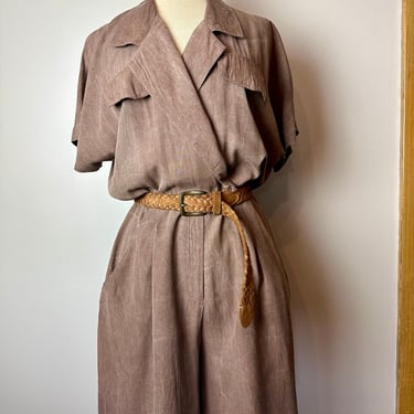 90’s rayon romper~ cargo shorts style military style brown earthy neutral jumpsuit style onesies ~ size LG 