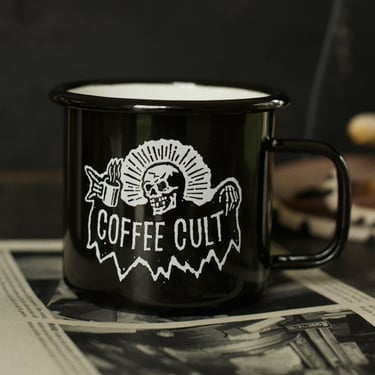 Coffee Cult Black Enamel 12 ounce Coffee or Tea Mug for Coffee Lovers, Coffee Drinkers, Baristas, Camping, Foodie Gifts 