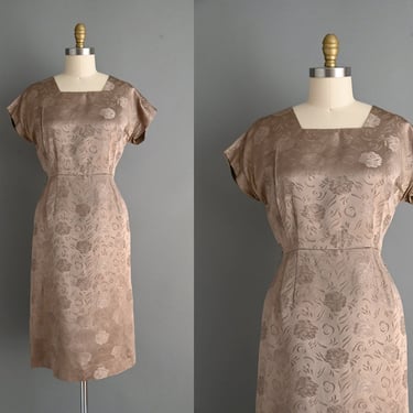 1950s vintage dress | Brown Floral Satin Pencil Skirt Dress | Size Large | 