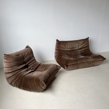BROWN VELVET TOGO LOVE SEAT & CHAIR BY MICHEL DUCAROY FOR LIGNE ROSET, 80's
