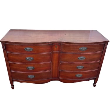 Vintage Mahogany Dresser by Dixie with 8 Dovetailed Drawers 56” Long - Traditional Double Bow Front Federal Style Wood Bedroom Furniture 
