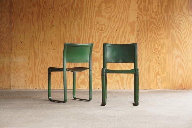 Matteo Grassi Green Leather Side Chair Pair 
