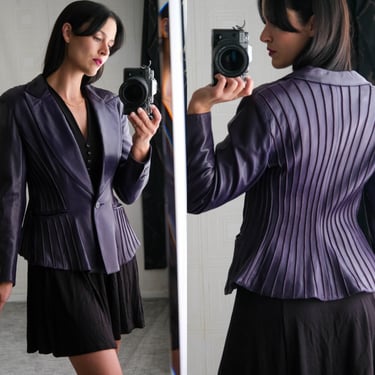 Vintage 80s Claude Montana Pour Ideal-Cuir Purple Pleated Peplum Leather Blazer Jacket | Made in Paris France | 1980s French Designer Jacket 