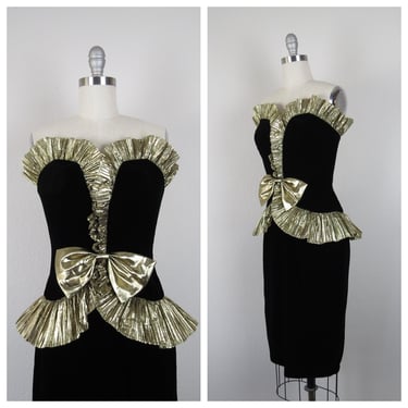Vintage 1980s deadstock cocktail dress, black velvet, metallic gold, peplum, strapless, party, formal, xs 