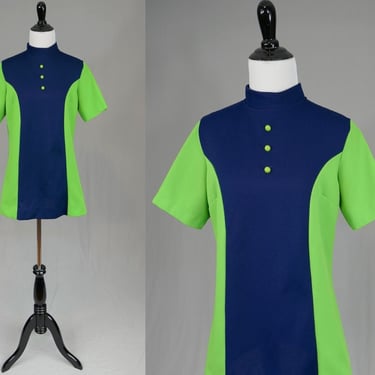 60s 70s Mini Dress or Tunic Top - Navy Blue and Lime Green - Fortrel Polyester Knit - Sears - Vintage 1960s 1970s - M L 