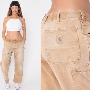 90s Carhartt Jeans Double Front Utility Pants Tan Distressed Workwear Carpenter Pants Cargo Straight Leg Vintage 1990s Men's 36 x 30 Large 