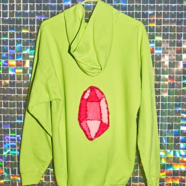 BRAT lime green zip hoodie with pink tufted gemstone on back, unique, handcrafted, handmade 