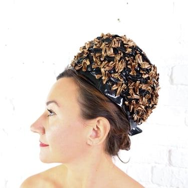 1960s Brown Black Raffia Bubble Hat | 60s Black & Brown Bubble Hat | Westbury 