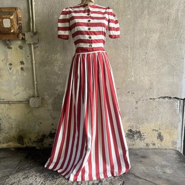 Vintage 1940s Red & White Striped Printed Cotton 2 Piece Dress Maxi Jay's Boston