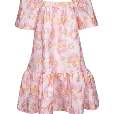 Stella Nova - Pink, Peach, & Metallic Floral Jacquard Flounce Hem Dress Sz 10