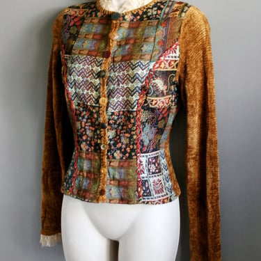 1990s Gold Patchwork Sweater// Velour Cardigan with Ruffle Collar by Elaris- Size Small 
