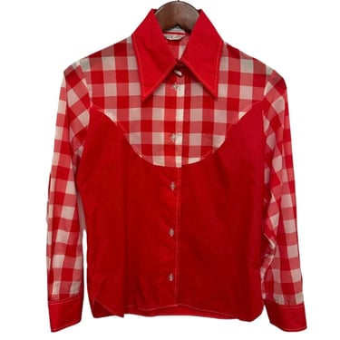 Vintage 100% Nylon Red Ghingam Women’s Size Small Country Western Buffalo Check Waterproof Blouse, Ski Country Imports, Littleton Colorado 