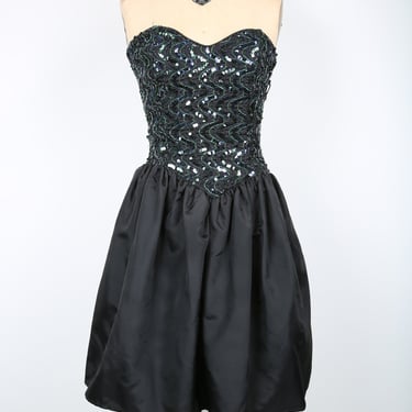 Vintage Gunnie Sax Black & Green Sequin Strapless Party Dress 