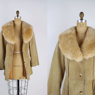 70s Penny Lane Distressed Coat / Caramel Coat / Faux Fur Collar Jacket / Collar Coat / Size S/M 