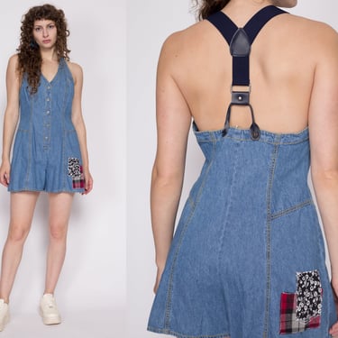 Medium 90s Suspender Back Patchwork Denim Romper | Vintage Blue Jean Overall Playsuit 