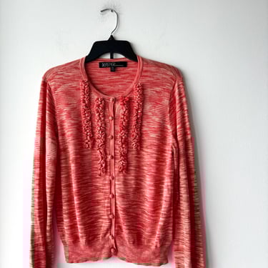 Vintage Kasper Cardigan Sweater Orange White Ruffle Cotton Modal Large Petite Teacher 