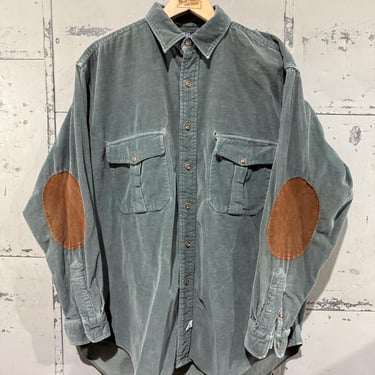 Vintage 90s Green Corduroy Polo Ralph Lauren Rugby Shirt Distressed elbow patches 