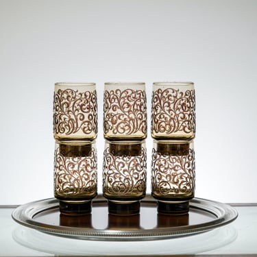 Vintage 1970s MCM Mid Century Modern Cocktail Glass, Green textured swirl design highball - Set of 6 