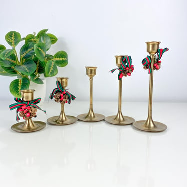 Brass Christmas Graduated Tulip Candlestick Holder set of 5, Christmas Centerpiece, Holiday Mantle Display, Vintage Brass Candle Holders 