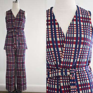 1970s Plaid Polyester Knit Vest and Pants Set 