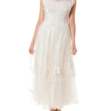 1950S  White Embroidered Rayon & Nylon Satin Tulle Fit Flare Bridal Gown 