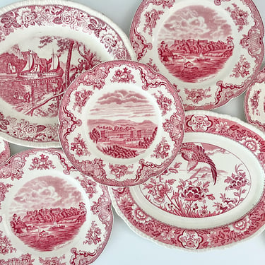 Red and White English Transferware Plate Wall Hanging.  Vintage Ceramic Plate Wall Decor with Asian and Country Scenery. 