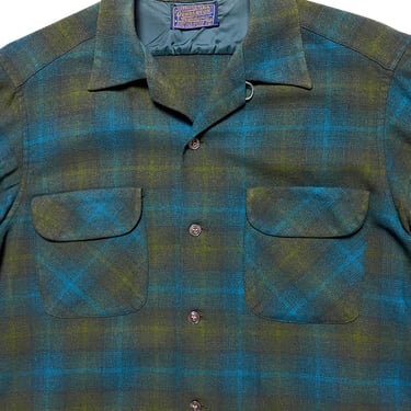Vintage 1960s PENDLETON Wool Flannel Board Shirt ~ M ~ Shadow Plaid ~ Loop Collar 