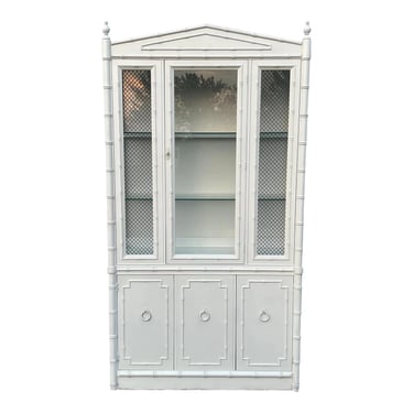 Vintage Thomasville Palm Beach Regency White Painted Faux Bamboo China Cabinet 