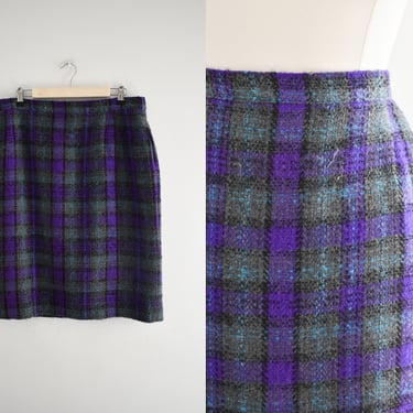 1990s Purple and Gray Plaid Wool Pencil Skirt 