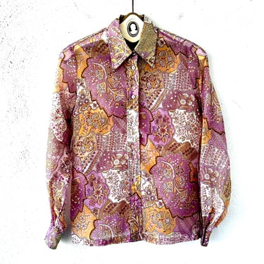 Vintage 70s Dagger Collar Shirt 1970s Boho Patchwork Womens Disco Hippie Large Collar Top 