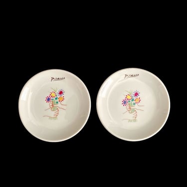 Vintage Modern Art Victoria Porcelain Collection Picasso Floral Bouquet Limited Edition SET OF 2 Small 3.25" Plates Ashtrays Trinket Holders 
