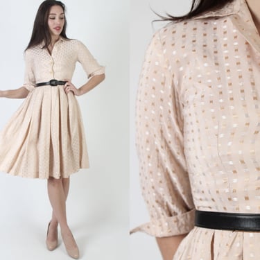Shiny Rockabilly Plaid Side Zip Dress / Vintage 50s Dagger Collar Frock / Cute Retro Secretary Style / Full Pleated Checkered Skirt 