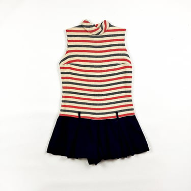 1960s Striped Wool Romper / Skirted / Dress / Shorts / Twiggy / Horizontal Stripes / Red White and Blue / Mod / Drop Waist / Rope / Small / 